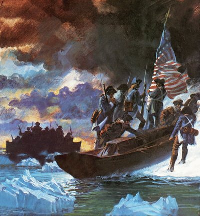 George Washington en zijn mannen steken de halfbevroren rivier de Delaware over door Roger Payne