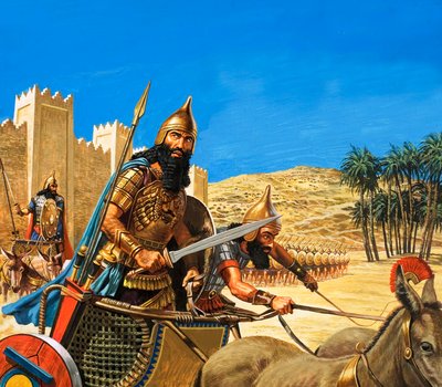 Koning Hammurabi trekt ten strijde, zijn strijdwagen getrokken door ezels van een bijzonder taai ras door Roger Payne