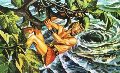 Odysseus hangt aan een vijgenboom om aan de draaikolk te ontsnappen door Roger Payne