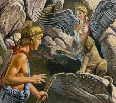 Oedipus ontmoet de Sfinx (gouache op papier) door Roger Payne