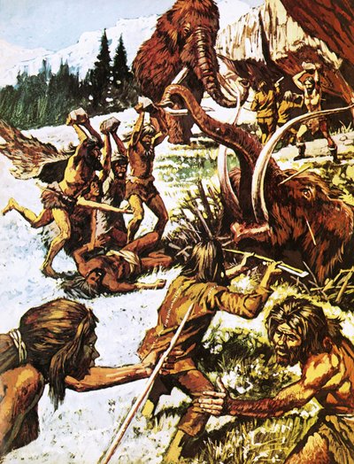Prehistorische mannen vallen mammoeten aan door Roger Payne