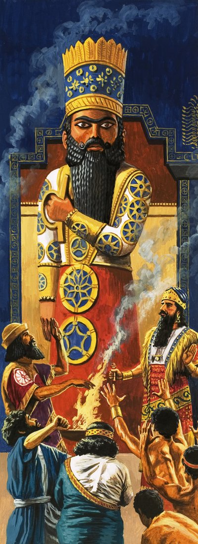 Religieuze riten worden uitgevoerd voor het vergulde beeld van de god Marduk door Roger Payne