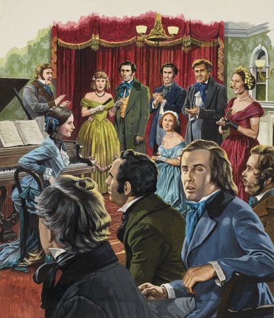 Robert Schumann (1810-1856) tijdens een voordracht van zijn werk (gouache op papier) door Roger Payne