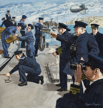 Winston Churchill (1874-1965) in marinescène (gouache op papier) door Roger Payne