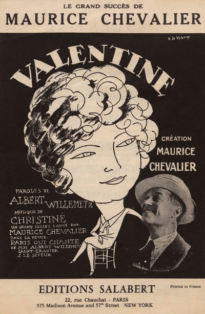 Cover van de partituur van het grote succes van Maurice Chevalier "Valentine" tekst van Albert Willemetz muziek van Christine editions Salabert, c.1925 (print) door Roger de Valerio