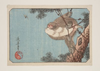 Aap en wesp (kleur houtsnede) door Rokubei Rokubei