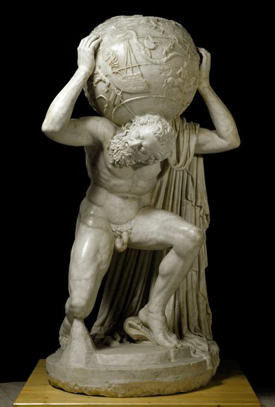 Atlas Farnese draagt de hemelbol die astronomische kennis symboliseert. Romeinse marmeren sculptuur na een Grieks origineel. 2e eeuw. Museo Archeologico Nazionale, Napels door Roman