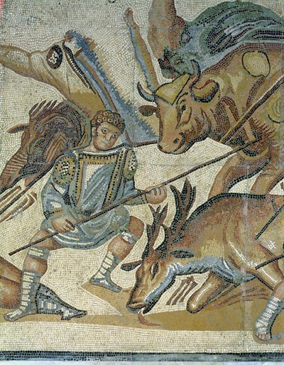 Strijd tussen Gladiatoren en Dieren, detail van een gladiator die een stier spietst, 320 AD door Roman