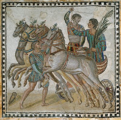 Wagenrennen (quadriga) met de wagenmenners in startpositie en een stalknecht bij het witte paard (op de voorgrond) door Roman