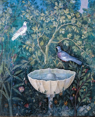 Detail van fontein en vogels uit een tuin schilderij, Huis van de Gouden Armband, Pompeii door Roman