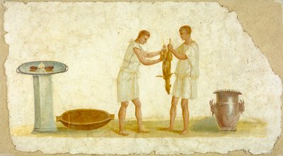 Fragment van een fresco paneel met een maaltijdvoorbereiding, c.100-150 door Roman
