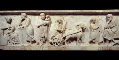 Fragment van de sarcofaag van Marcus Cornelius Statius Rond 150 na Christus - Oud Rome: Gezicht van een Romeinse sarcofaag. Scène van het leven van een kind van geboorte tot leren. Parijs, Musée du Louvre door Roman