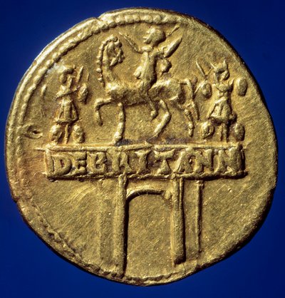 Gouden muntboog die de triomfboog van keizer Claudius I (10-54) (Tiberius Claudius Nero Drusus of Germanicus) voorstelt ter herinnering aan zijn overwinningen in Brittannië. Parijs, B.N. door Roman