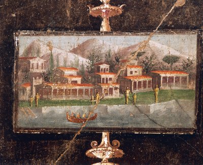 Landschap en architectuur in muurschildering in tablinum, Huis van Marco Lucrezio Fronto, Pompeii door Roman