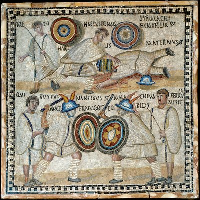 Mozaïek die het gevecht tussen twee equites genaamd Simmachius en Maternus toont, Romeins, 3e eeuw na Christus door Roman