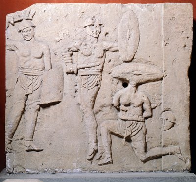 Reliëf met gladiatorenscène uit het gebied Due Madonne, Bologna, Romeinse beschaving door Roman