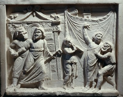 Reliëf van theaterscène uit de komedie 
