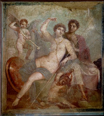 Voorstelling van Ares en Aphrodite, vergezeld door liefdes die spelen met de wapens van de god. Fresco uit de Villa van Mars en Venus in Pompeii. 1e eeuw n.Chr. Archeologisch Museum van Napels door Roman