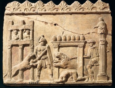 Romeins reliëf met leeuwen en gladiatoren die vechten in het circus door Roman