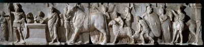 Romeinse kunst: altaar van Domitius Ahenobarbus. 100 v.Chr. Scène van offer aan de god Mars door Roman