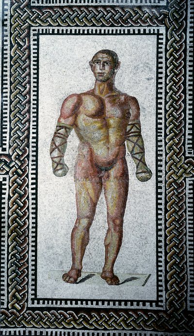 Romeinse kunst: gladiator. Vloermozaïek uit de Thermen van Caracalla. 212 n.Chr. Rome, Museo Nazionale Romano door Roman