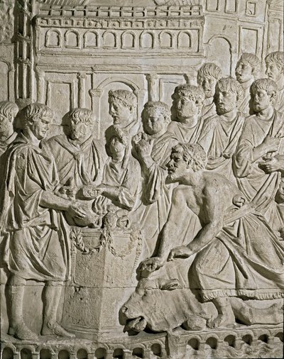 Romeinse kunst: laag reliëf dat Sarmatische burgers toont die eerbetoon brengen aan de Romeinen. Van de reliëfs van de zuil van Marcus Aurelius. 2e eeuw n.Chr. Rome, Museo della Civiltà Romana door Roman