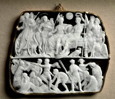 Romeinse kunst: onyx camee gemaakt door de beeldhouwer Dioscuride op twee niveaus. Boven verwelkomt keizer Augustus, omringd door mythologische goden, zijn opvolger Tiberius. door Roman