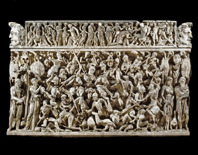 Romeinse kunst: scène van gevechten tussen Romeinse krijgers en barbaren tijdens de Marcomannenoorlogen. Reliëf van de sarcofaag genaamd Portonaccio van een generaal van Marcus Aurelius. 180-190. Rome, Museo Nazionale Romano (o delle Terme) door Roman