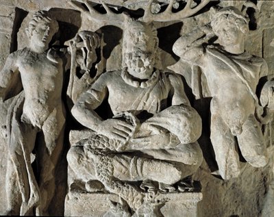 Romeinse kunst: de Gallische god van Keltische oorsprong Cernunnos (of Kernunnos) tussen Apollo en Mercurius. Uit Reims. 1e eeuw na Christus. Rome, Museo della Civilta Romana door Roman