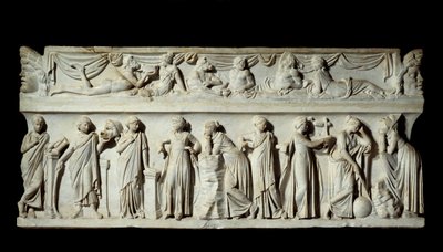 Sarcophagus des Muses: voorstelling van muzen godinnen van kunst en letters. Marmeren beeldhouwwerk. 150 n.Chr. door Roman