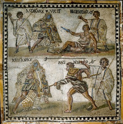 Scène van gladiatorengevechten, tussen een retiarius en een secutor, 4e eeuw (mozaïek) door Roman