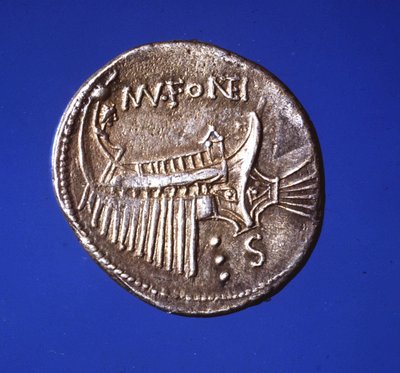 Zilveren munt met een galei, 91 n.Chr. door Roman