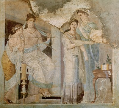 Slaaf die het haar van een meisje kamt, Herculaneum, Derde Stijl door Roman