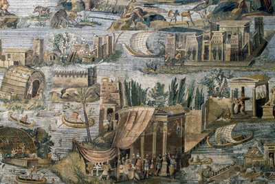 Tempels langs de Nijl, detail van Nilotische mozaïek van overstroming van de Nijl in Egypte, uit het heiligdom van Fortuna Primigenia in Palestrina, Lazio, Italië, Romeinse beschaving door Roman