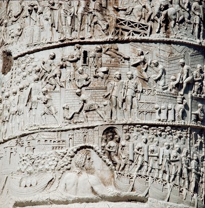 De Romeinse legioenen varen in Ancona onder bescherming van Neptunus. Detail van de zuil van Trajanus in Rome door Roman
