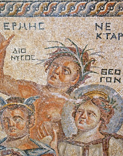 De presentatie van baby Dionysus door Hermes, detail van Hermes, Nectar en Theogen, Huis van Aion, Paphos, Cyprus mozaïek door Roman