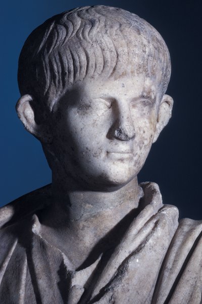 Togate standbeeld van de jonge Nero, vooraanzicht van het hoofd, c.50 AD (detail) door Roman
