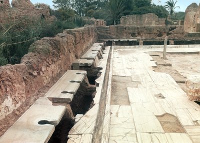 Uitzicht op een gemeenschappelijk toilet, mogelijk onderdeel van het Hadrianische badcomplex, c.127 AD door Roman