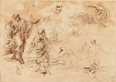 Studies voor een Bijbelse scène met God de Vader die verschijnt aan een bebaarde mannelijke figuur door Roman 17th Century