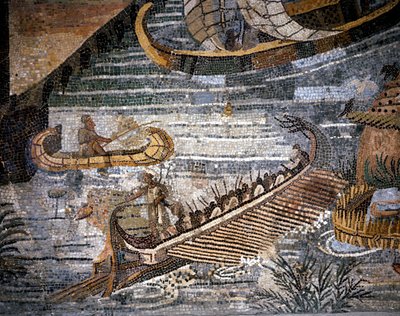 Een Romeinse bireem (soort galei met twee rijen). Detail van een mozaïek in Palestrina. door Roman Roman