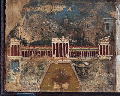 Oude Romeinse fresco met architectonische thema