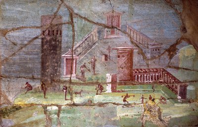 Oude Romeinse fresco met landschap uit Pompeii door Roman Roman