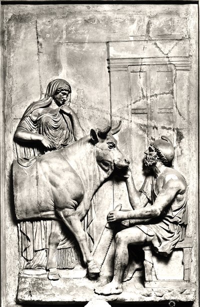 Daedalus bouwt een Koe voor Pasiphae, tussen 1e en 3e eeuw na Christus (steen) door Roman Roman