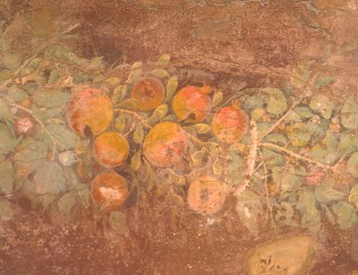 Detail van fresco met decoratie van bloemen en fruit uit Romeinse Villa van Boscoreale (Napels), Romeinse beschaving door Roman Roman