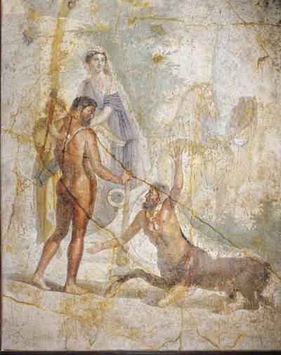 Fresco toont Hercules, Deianira en Hyllus die de rivier Evenus oversteken uit Pompeii, Italië door Roman Roman
