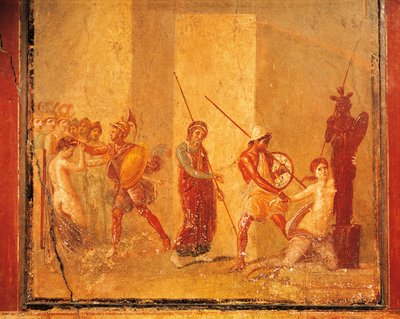 Fresco toont ontmoeting tussen Priamus, Menelaus en Helena in het Koninklijk Paleis, Pompeii, Campania, Romeinse beschaving door Roman Roman