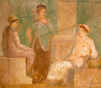 Fresco met een groep Romeinse dames in gesprek, uit Huis van de Oude Jacht, in Pompeii, Campania, Romeinse Beschaving door Roman Roman