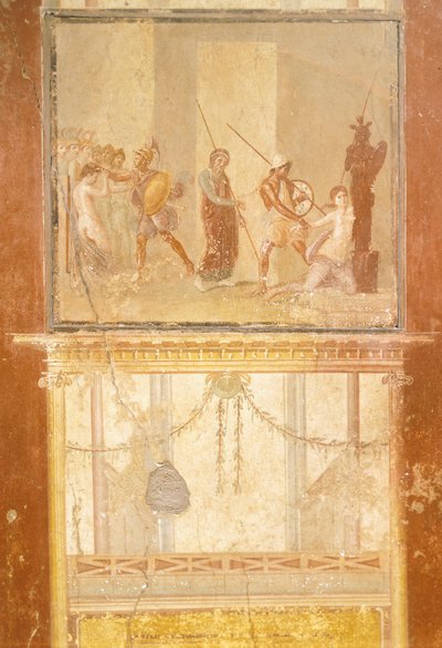 Fresco met ontmoeting van Priamus, Menelaüs en Helena en Arisace die Cassandra achtervolgt, uit het Huis van Menander, Pompeii, Campania, Romeinse beschaving door Roman Roman