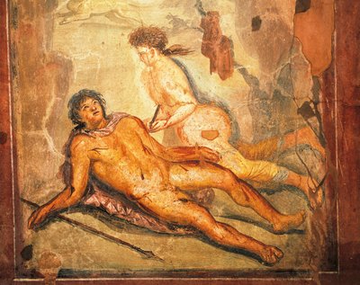 Fresco met de mythe van Pyramus en Thisbe, Huis van Loreio Tiburtino, Pompeii, Campania, Romeinse Beschaving door Roman Roman
