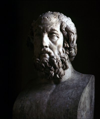 Denkbeeldig portret van de blinde Homerus. Reproductie van de Hellenistische periode van een buste uit de 2e eeuw v.Chr. Musée du Louvre Parijs door Roman Roman